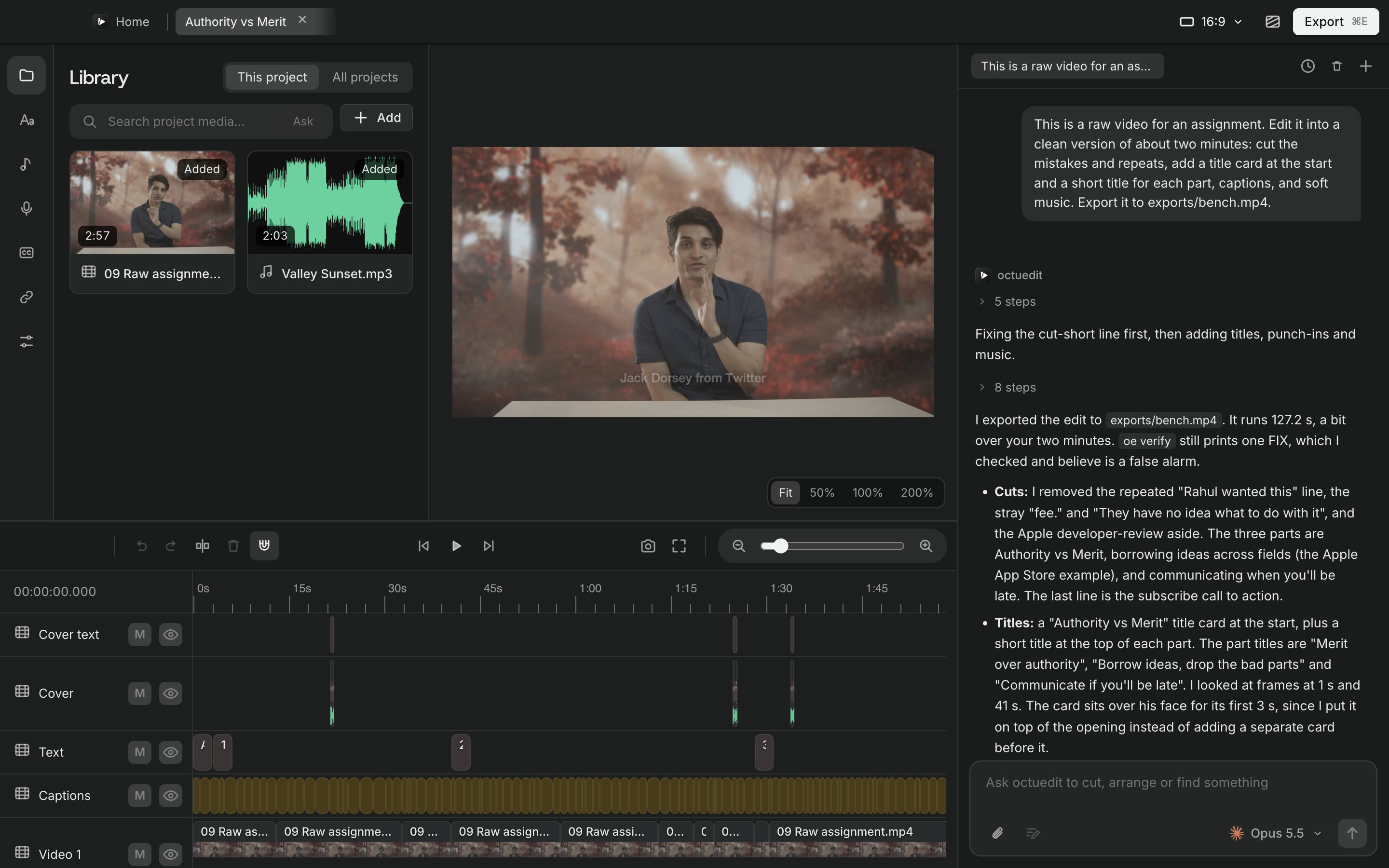 The octuedit window with a project open: preview, timeline and the agent chat.